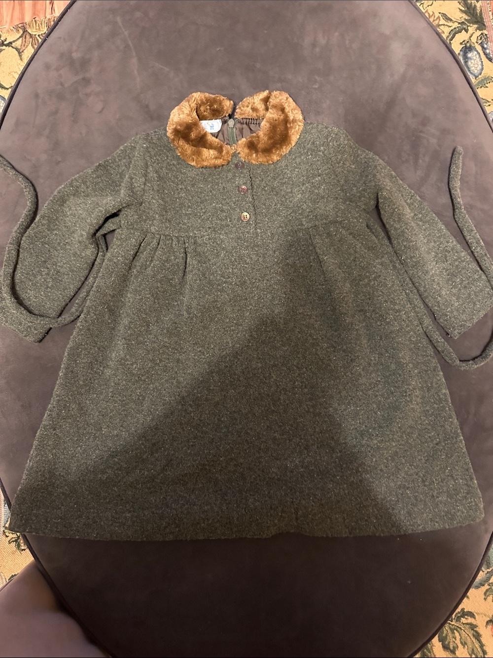 Girls' Olive Green Wool Dress with Faux Fur Collar